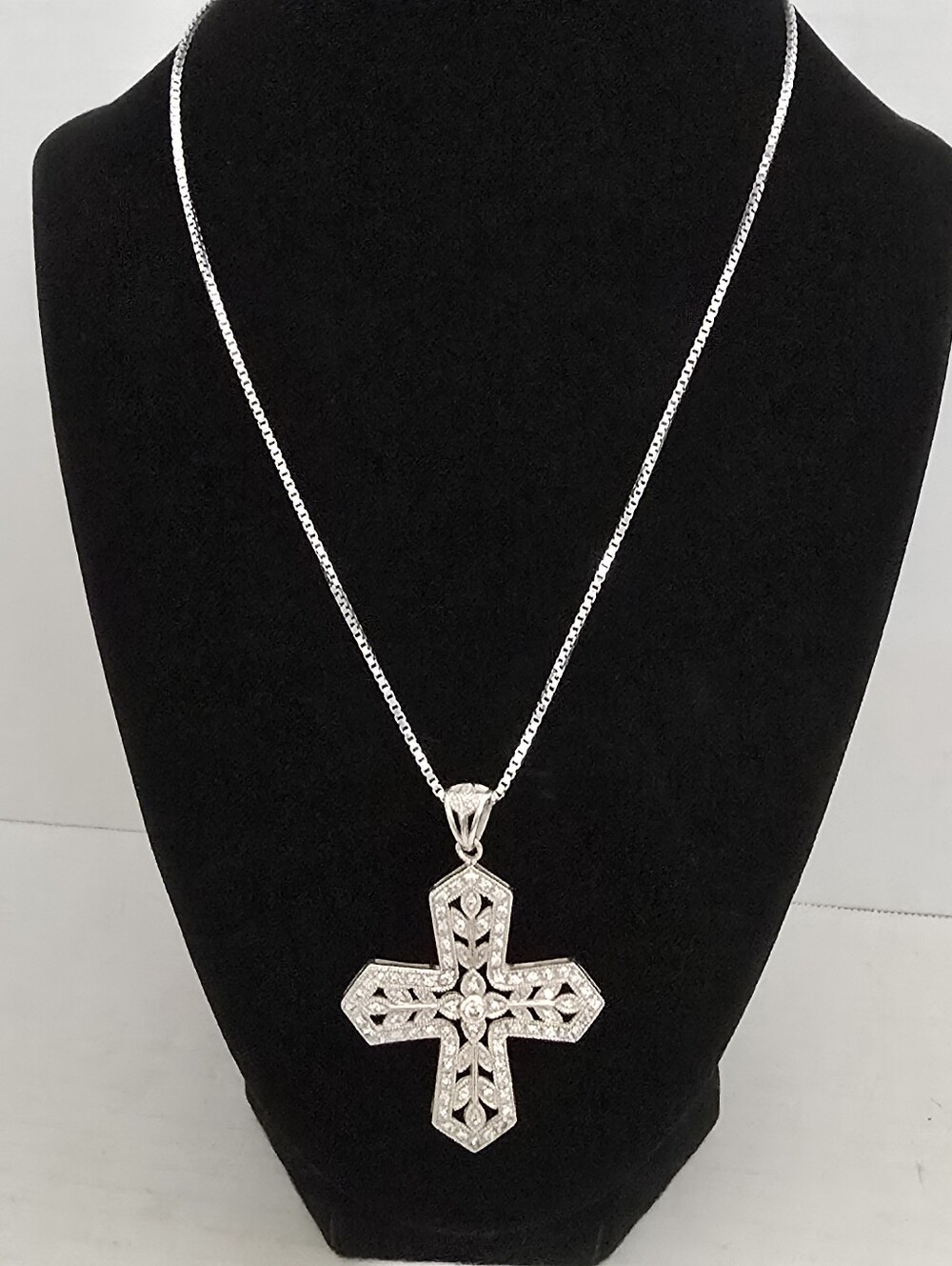 Designer 'NF' Sterling Silver 2.25 Inch Cz Cross Pendant/ 18" Sterling Box Chain